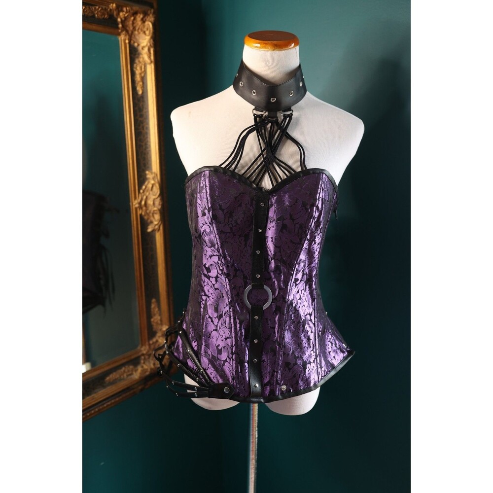 Purple Lace Satin Corset Bustier with Strappy Halter Size Large
